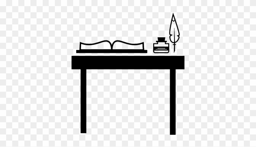 School Table With Opened Book Ink Bottle And Feather - Libro En Una Mesa Dibujo #774067