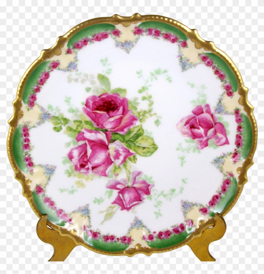 Antique Coronet Limoges Plate Pink Roses Green Border - Rose #783576