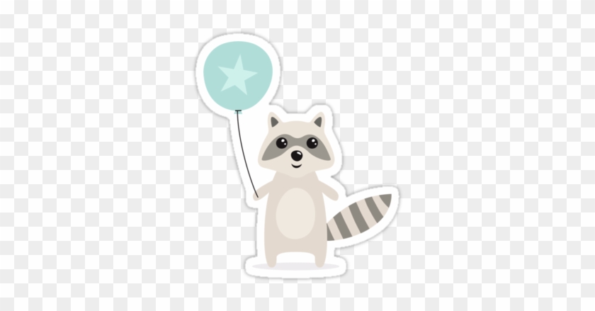 Cute Raccoon Holding An Aqua Blue Balloon With A Star - Happy Birthday Greeting Card, Raccoon Wearing Party #789800