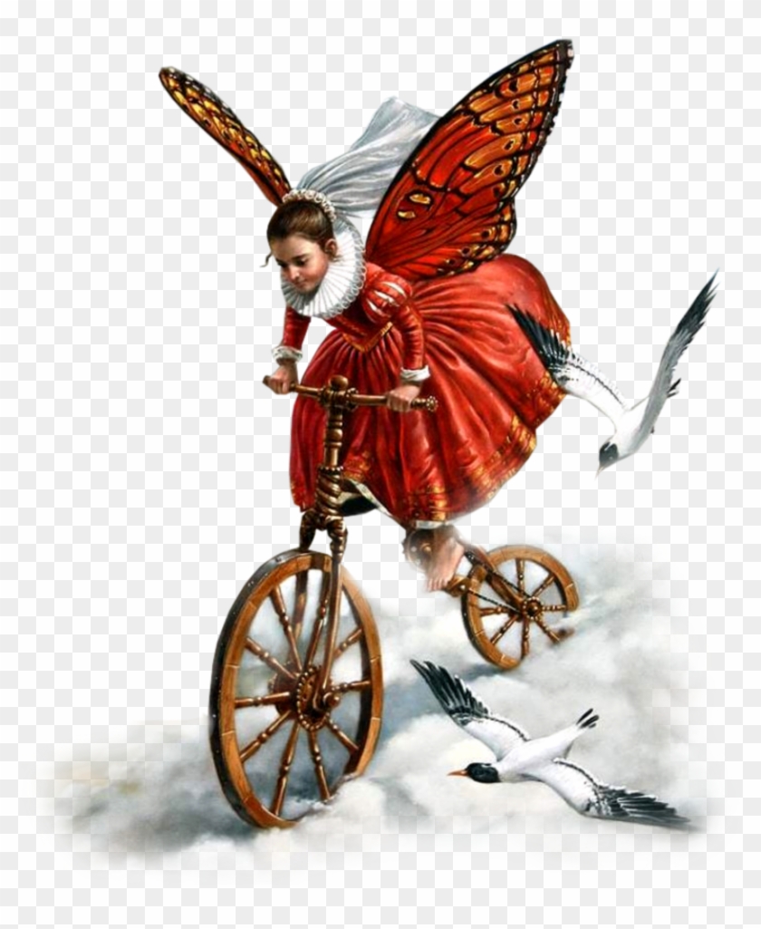 Snow Bicycle Girl Butterfly Surreal Birdsfreetoedit - Michael Cheval #790811