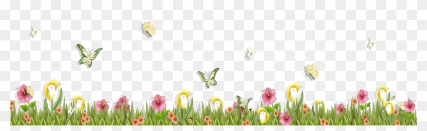 Grass With Butterflies And Flowers Png Clipart Spring - Flower And Butterfly Png #793341