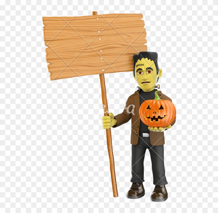 Frankenstein With A Blank Wooden Sign And A Pu - White #795731