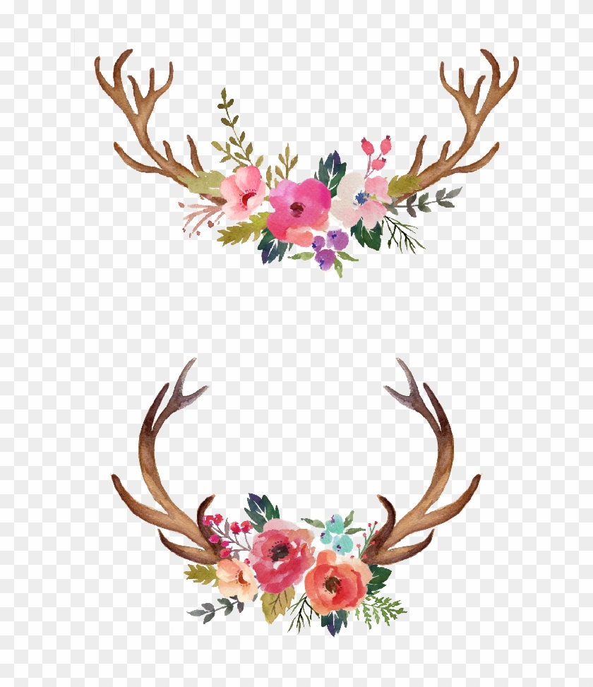 Watercolour Flowers Watercolor Painting - Antlers With Flowers Clipart #795786