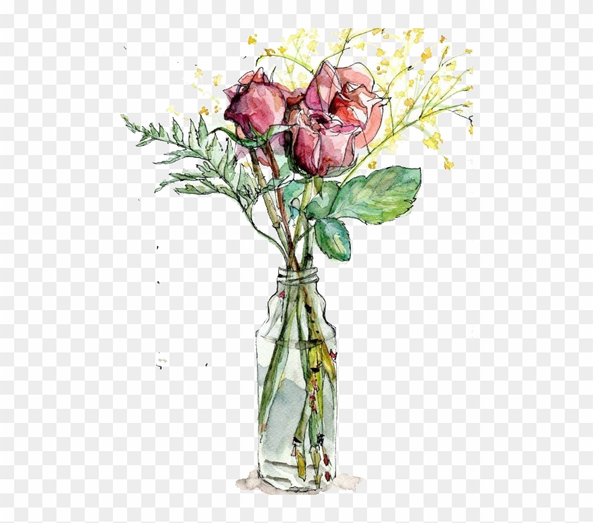 Garden Roses Vase Watercolor Painting Drawing Illustration - Flowers In Vase Watercolor Png #796799