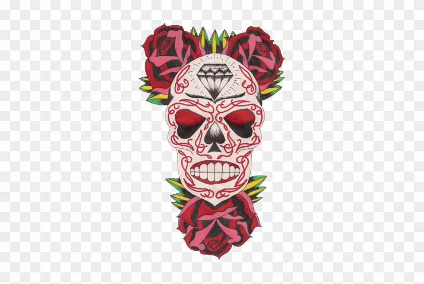 Sugar Skull And Rose Flowers Tattoos Design - Day Of The Dead Skull Colored Tattoos #797110