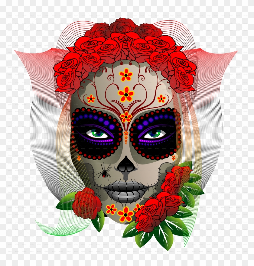 Dia De Los Muertos Sugar Skull Girl With Roses Portrait - Skull Girl Dia De Los Muertos Ornament (round) #797399