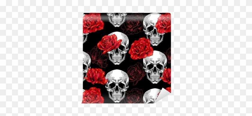 Skull And Red Roses On Black Background - Papel De Parede Caveira Com Rosas #797458