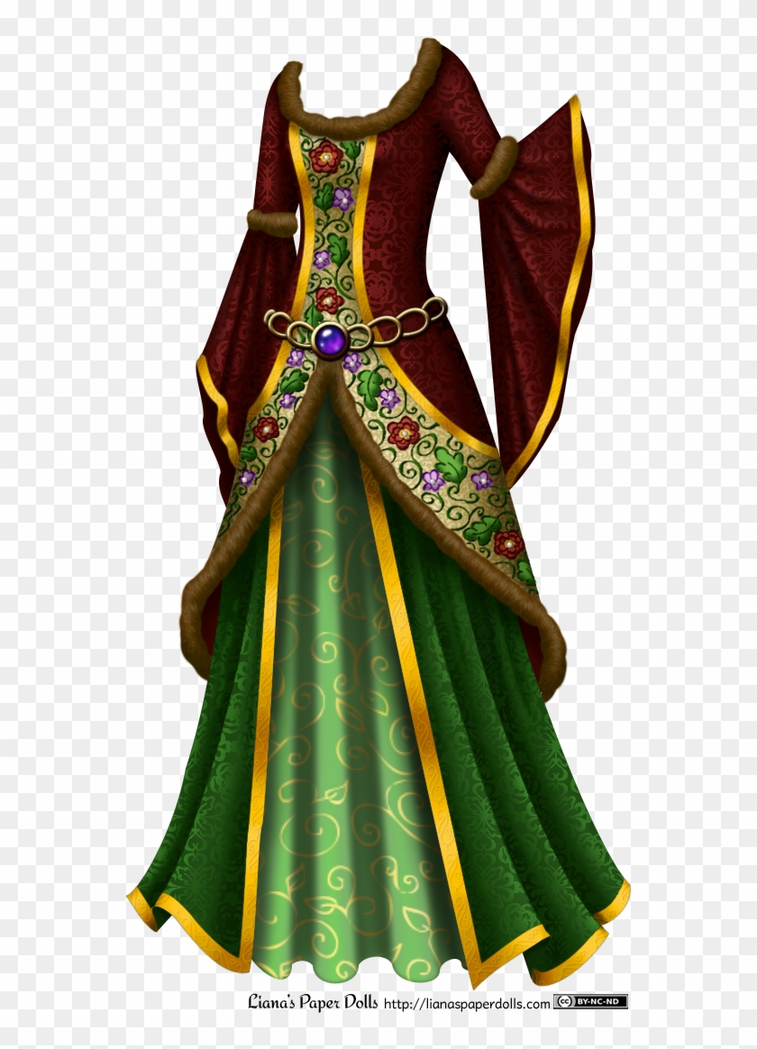A Gown With A Red Overdress And Green Underskirts - Medieval Dress Png #797500
