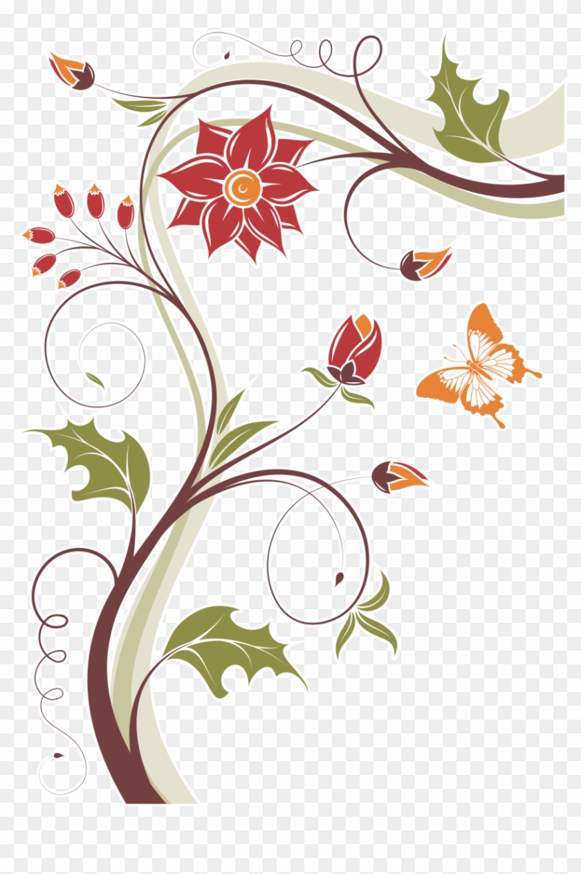 Borboleta E Botão - Arabesco Floral Colorido Png #800219