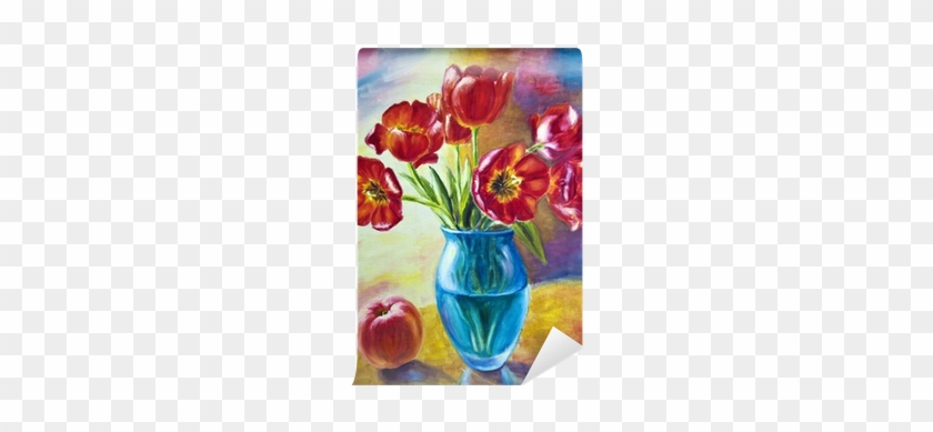 Still Life With Tulips And Peach, Oil Painting On Canvas - Drawing On Still Life With Colors #800670