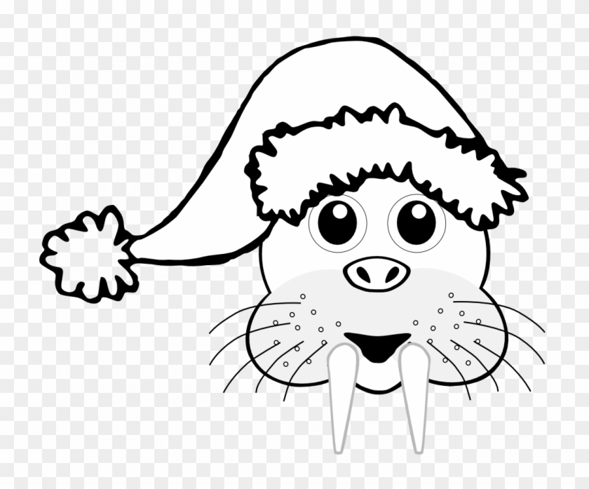 Walrus Head Cartoon Brown Santa Hat Black White Line - Christmas Hat #800856