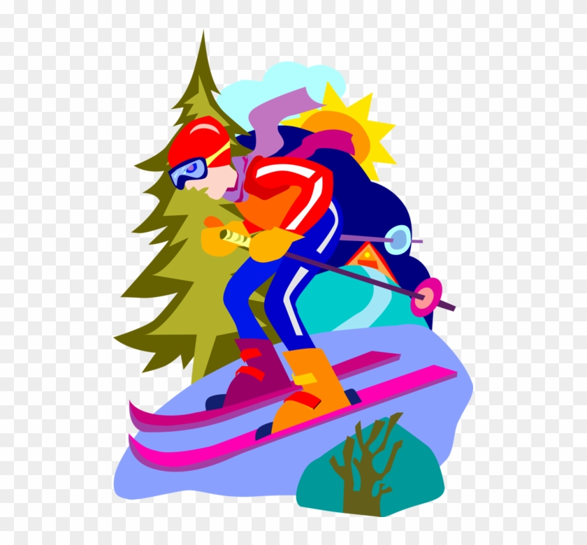 Vector Illustration Of Downhill Alpine Skier Skiing - Cartoon #801293