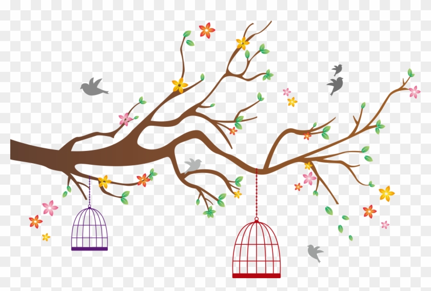 Vector Branch With Birdcage - Bird Cage Vector Png #802707
