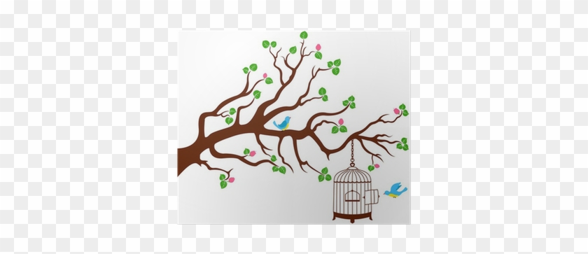 Tree Branch With Bird Cage And Two Birds Poster • Pixers® - Desenhos Arvore Passaros #802720