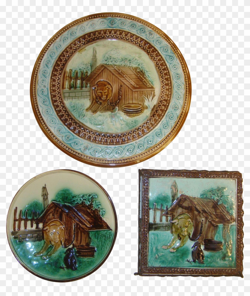 Lovely Antique Matched Majolica Set With Dog, Doghouse, - Plate #805174