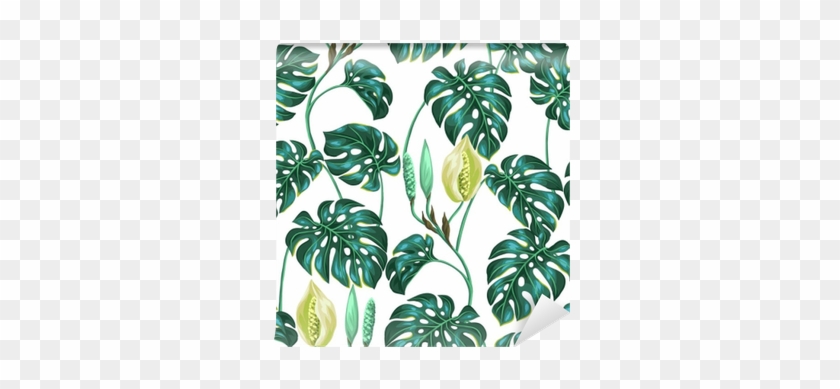 Seamless Pattern With Monstera Leaves - Tapeta Zielone Liście #806973