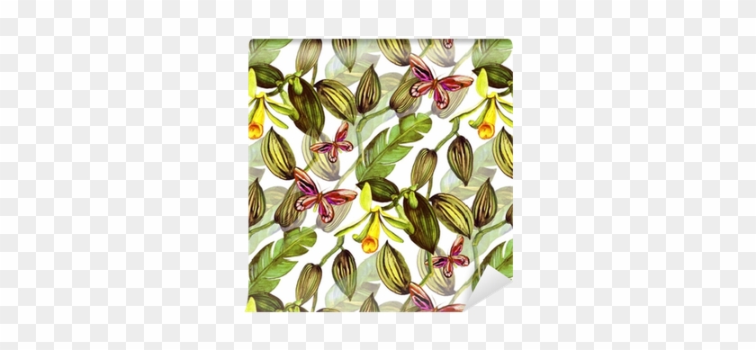 Seamless Pattern With Tropical Leaves And Vanilla Orchid - Orchids #807210