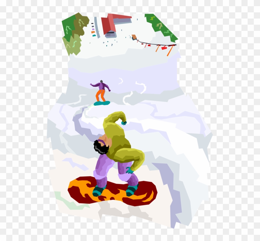 Vector Illustration Of Snowboarders Snowboarding Down - Cartoon #808112