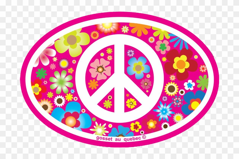 Peace Sign On Hippie Flowers - Peace Sign Symbol Over Pink Hippie Flowers Oval Small #808759