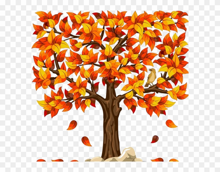 Vector Autumn Tree With Orange Leaves Falling Illustration - Shower Curtains Autumn Tree Polyester Waterproof Bathroom #808911