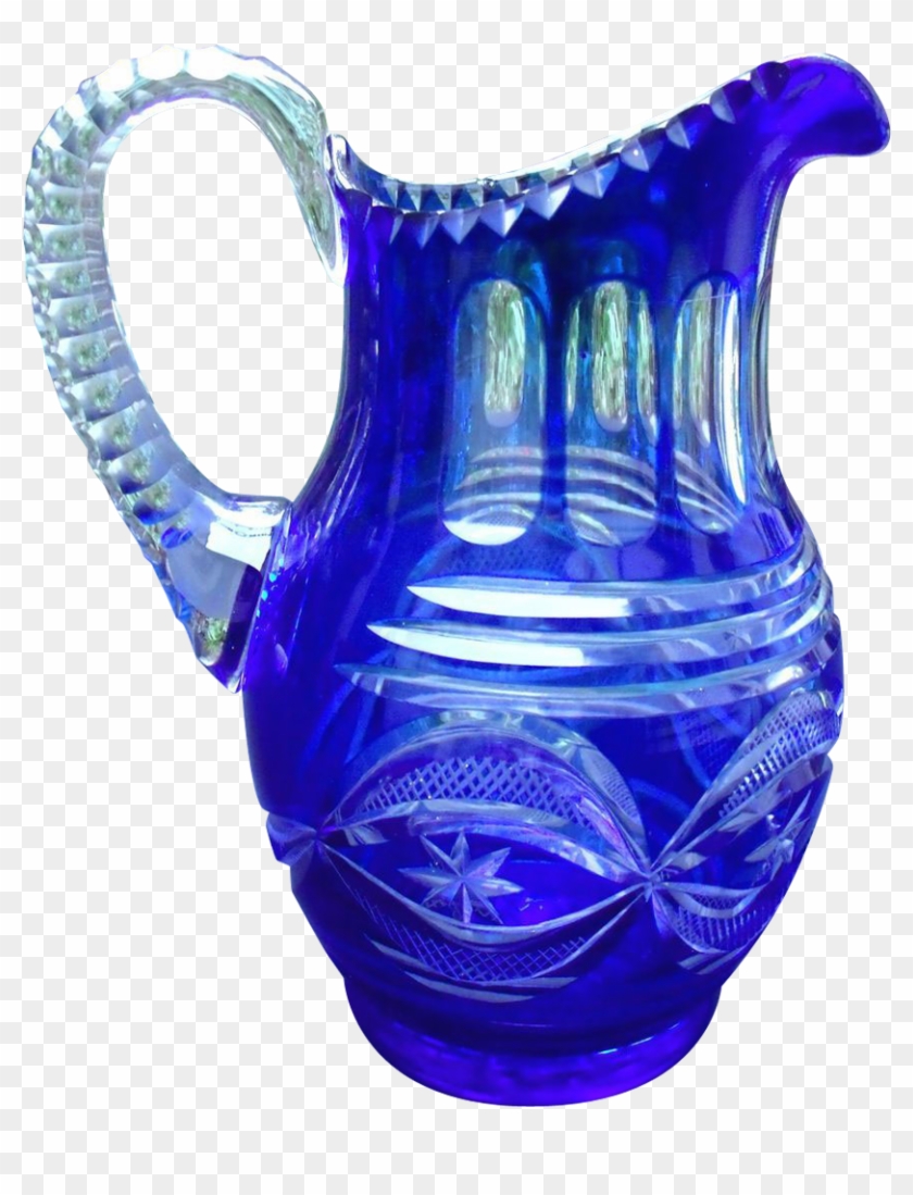 Antique Glass Blue Overlay Facet Cut Jug - Glass #810524