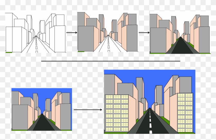 How To Make 1 Point Drawing - Road With Buildings Drawing #814720