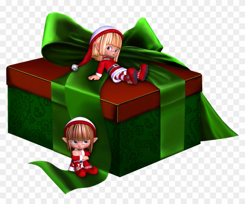 Green And Red 3d Present With Elfs Clipart - Merry Christmas Card #147881