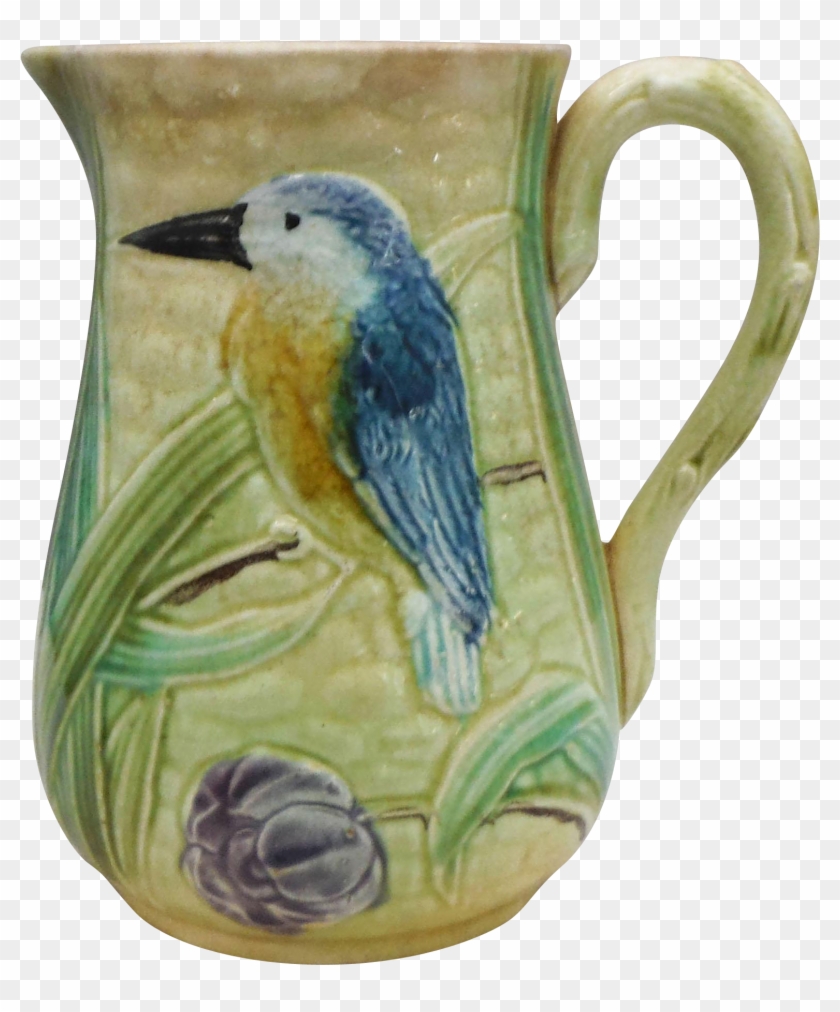 Antique Majolica Bird Iris Pitcher - 19th-c. Majolica Bird & Iris Pitcher - Majolicadream #819813