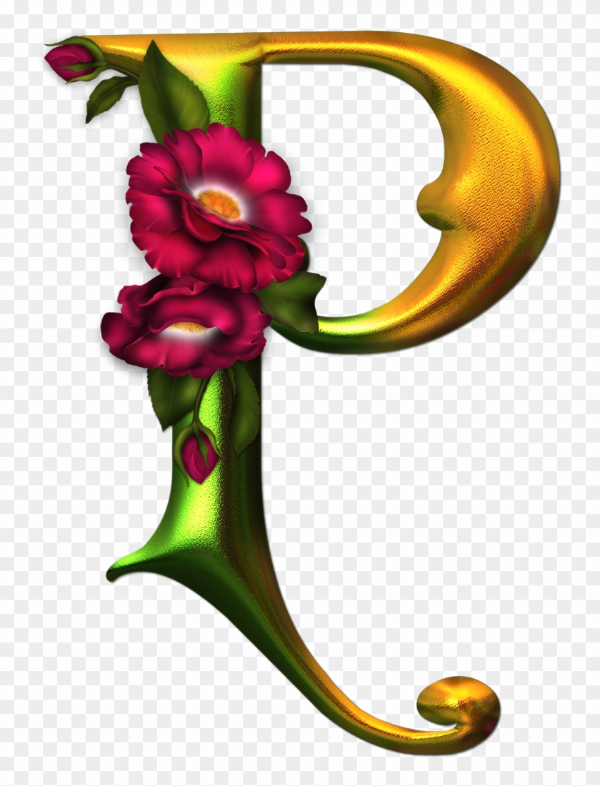 Alfabeto Dorado Con Flores Rosas - Flores Con Letra P #828578