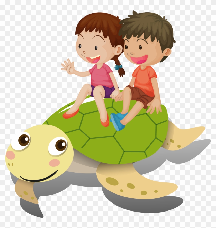 Cartoon Boy Girl Illustration - Child Riding Turtle Cartoon #830510
