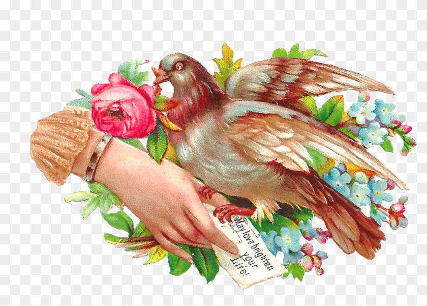 Pretty Victorian Die Cut Of A Hand Whimsy With A Pigeon - Illustration #831864