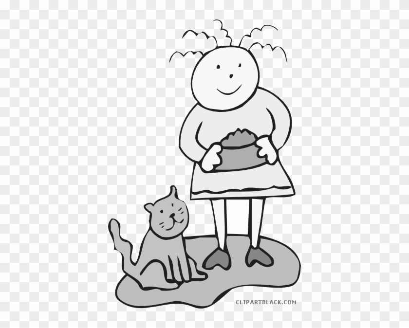 Girl With Cat Animal Free Black White Clipart Images - Feeding The Cat #834880