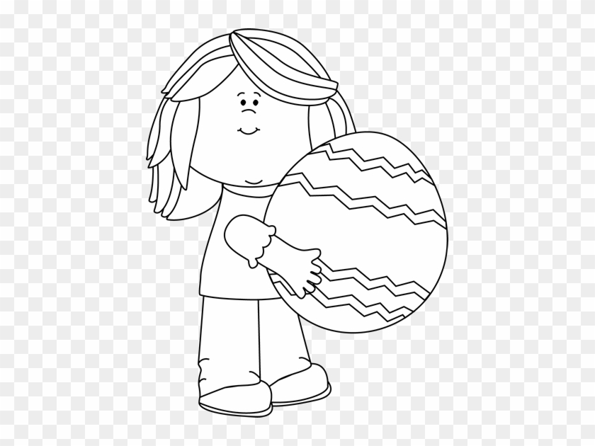 Black And White Girl Holding A Big Easter Egg - Girl Egg Easter Clipart Black And White #837274