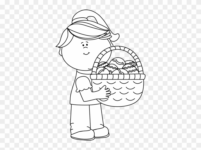 Black And White Girl Holding A Big Easter Egg - Easter Girl Black And White Clipart #837355