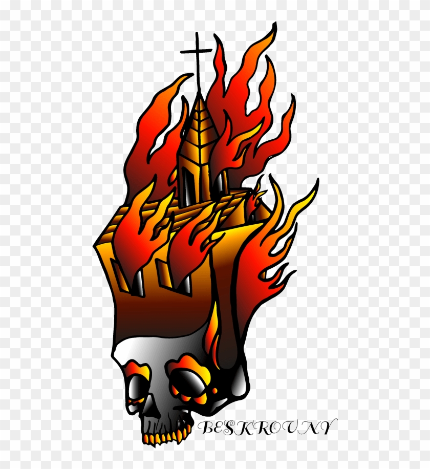 #oldschool #religion #skull #church #fire #tattoo #tatooink - Illustration #840108