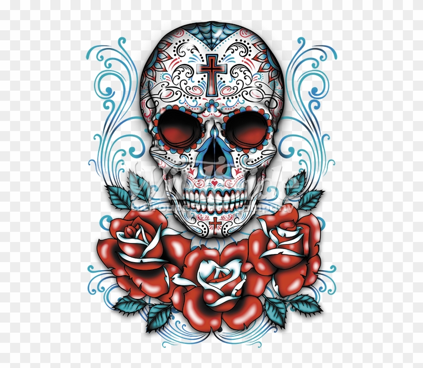 Sugar Skull Clipart Rose - Gildan Sugar Skull Day Of The Dead Cross Roses Dia #840686