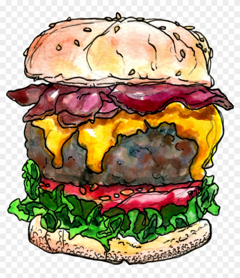 Bacon Cheeseburger Watercolor And Pen - Burger Png #841567