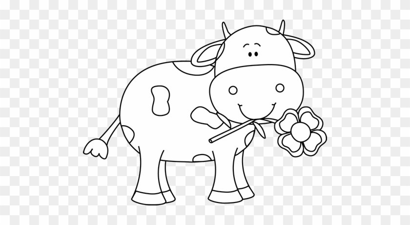 Black And White Cow With A Flower In Its Mouth - Clipart Black And White Cow #848315