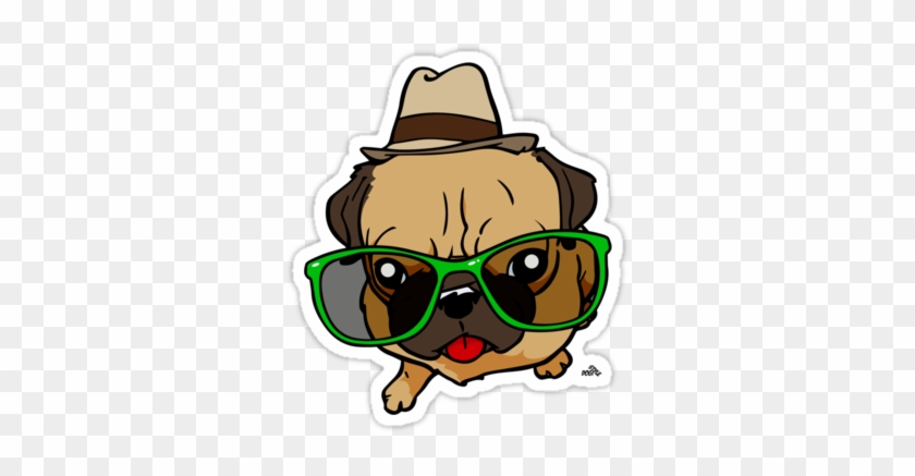 Hipster Pug Sticker > - Funny Hipster Pug Cartoon Dog T-shirt #855312