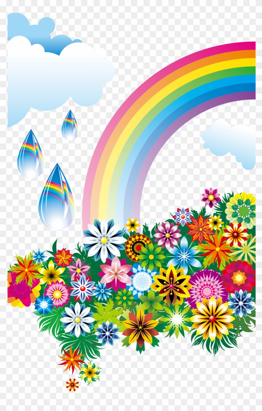 Rainbow Flowers Clouds - Rainbow And Flowers Png #857745