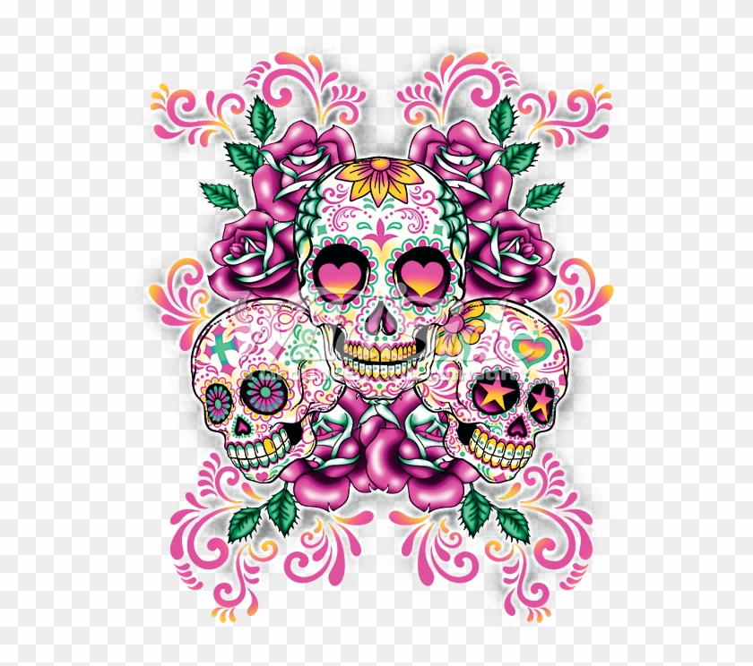 3 Sugar Skulls With Floral Background - Dia De Muertos Flyer #857746