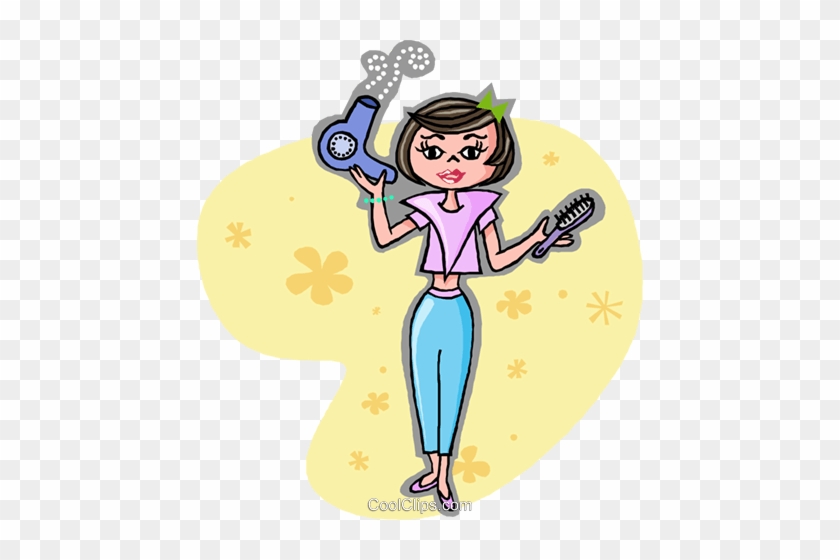Woman With Hair Dryer And Hair Brush Royalty Free Vector - Cartoon Blow Dryer #858650