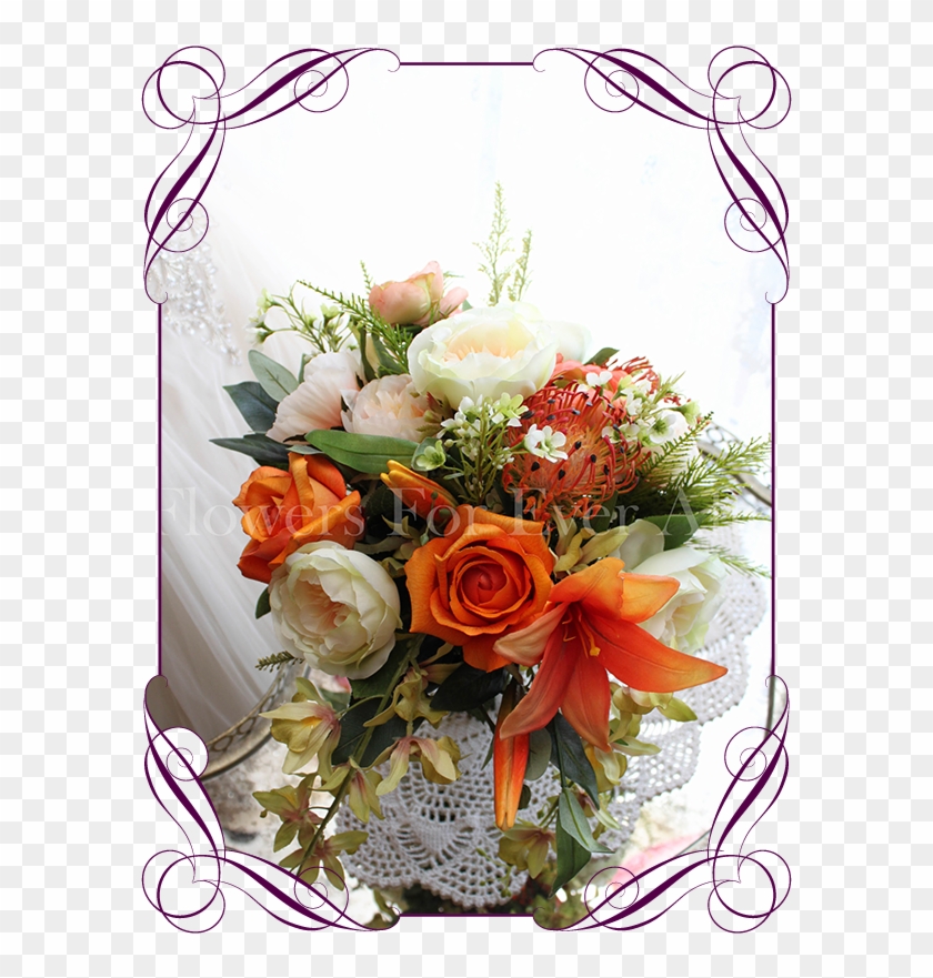 Silk Artificial Vibrant Orange, Apricot And Green Bridal - Flower Bouquet #862076