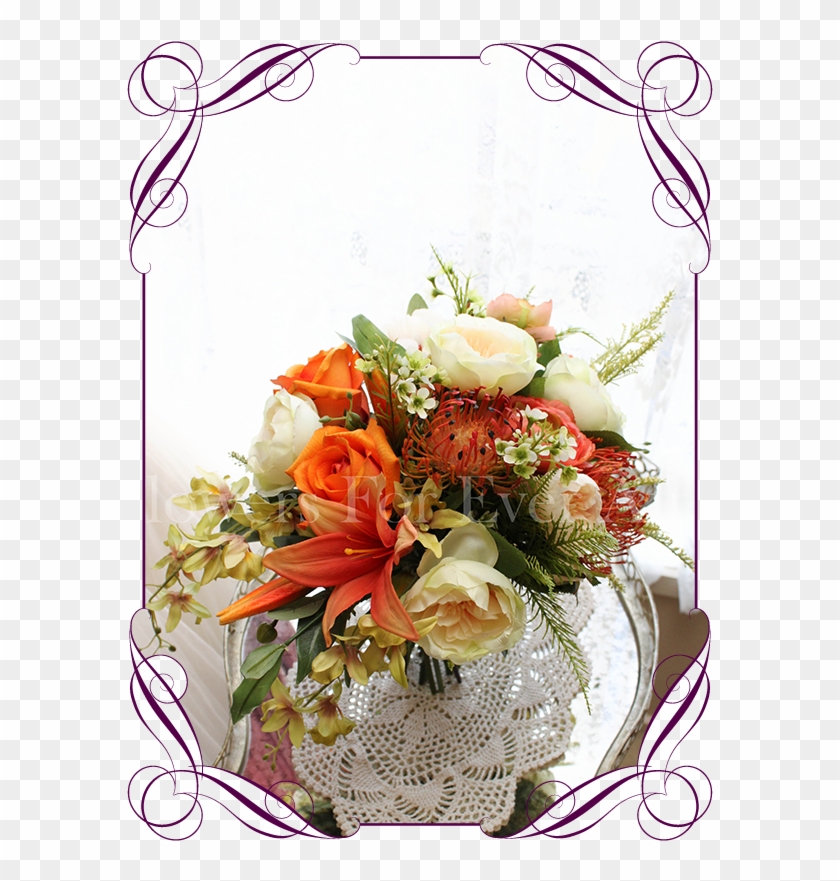 Silk Artificial Vibrant Orange, Apricot And Green Bridal - Flower Bouquet #862086