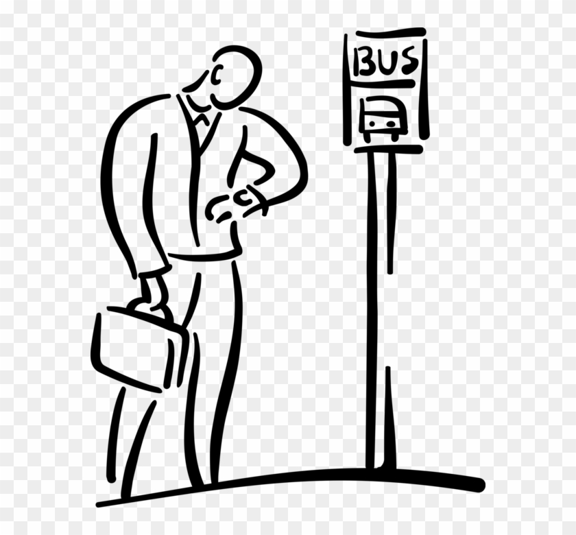 Vector Illustration Of Commuter Passenger Checks Time - Waiting At The Bus Stop Clipart #866059