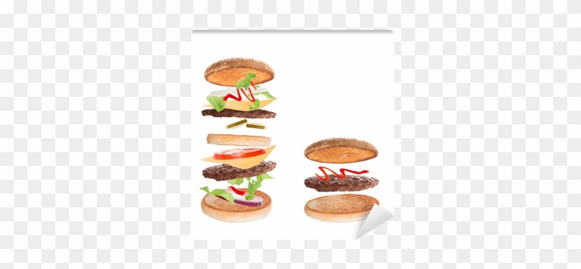 Delicious Hamburger With Flying Ingredients Wall Mural - Hamburger #873370
