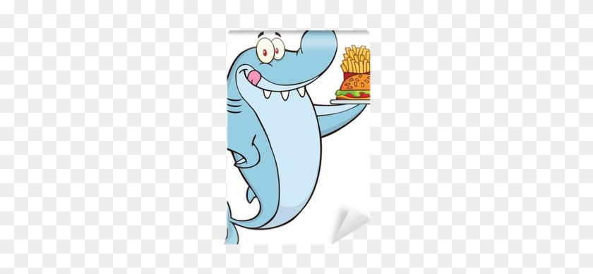 Shark Character Holding A Plate Of Hamburger And French - Tiburon Chef #873553