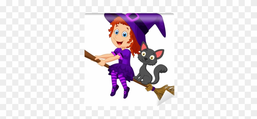 Cartoon Young Witch Flying On Her Broom Wall Mural - Brujitas Y Escobas Animadas #874070