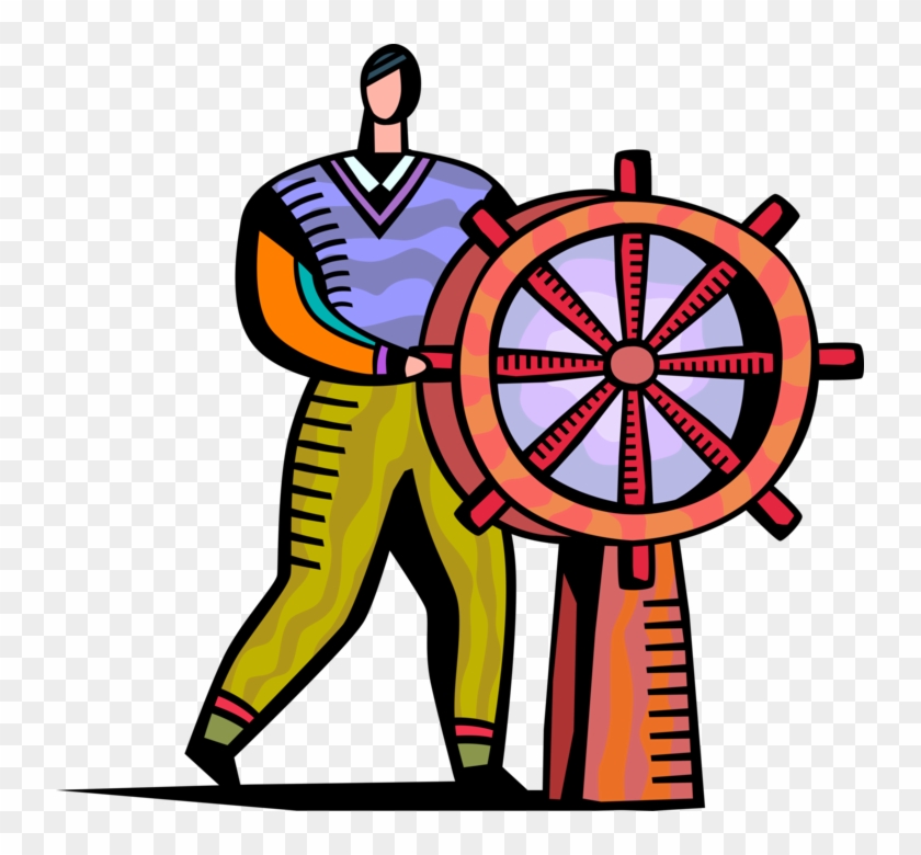 Vector Illustration Of Businessman Ship Captain Steers - Vector Illustration Of Businessman Ship Captain Steers #876833