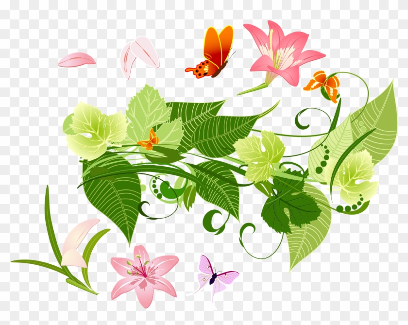 Pc Rec, Flowers, Water, Butterfly, For Mobile Picture - Flowers And Leaves Png #894301